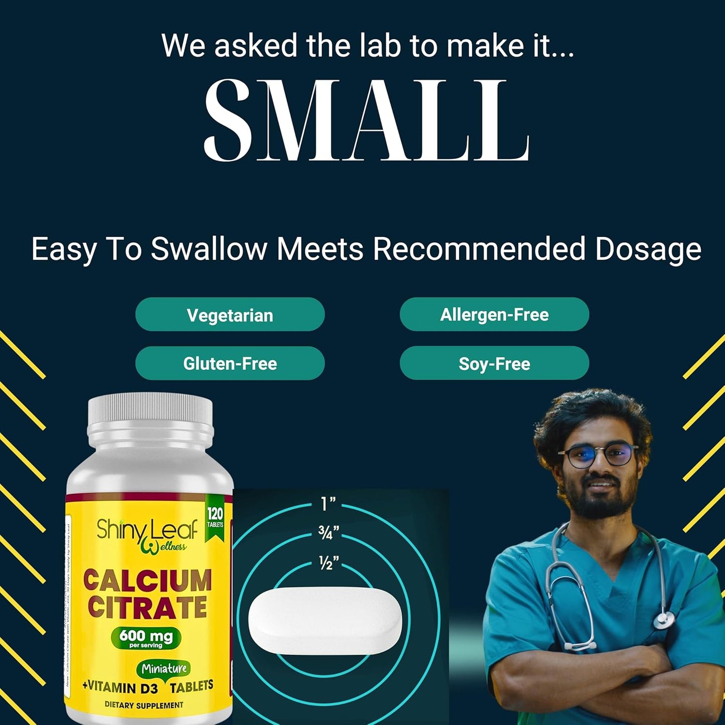 Unflavored Mini Calcium Citrate 600mg Tablets with Vitamin D3 for Women and Men - Easy Swallow Supplement - 60 Day Supply by Shiny Leaf