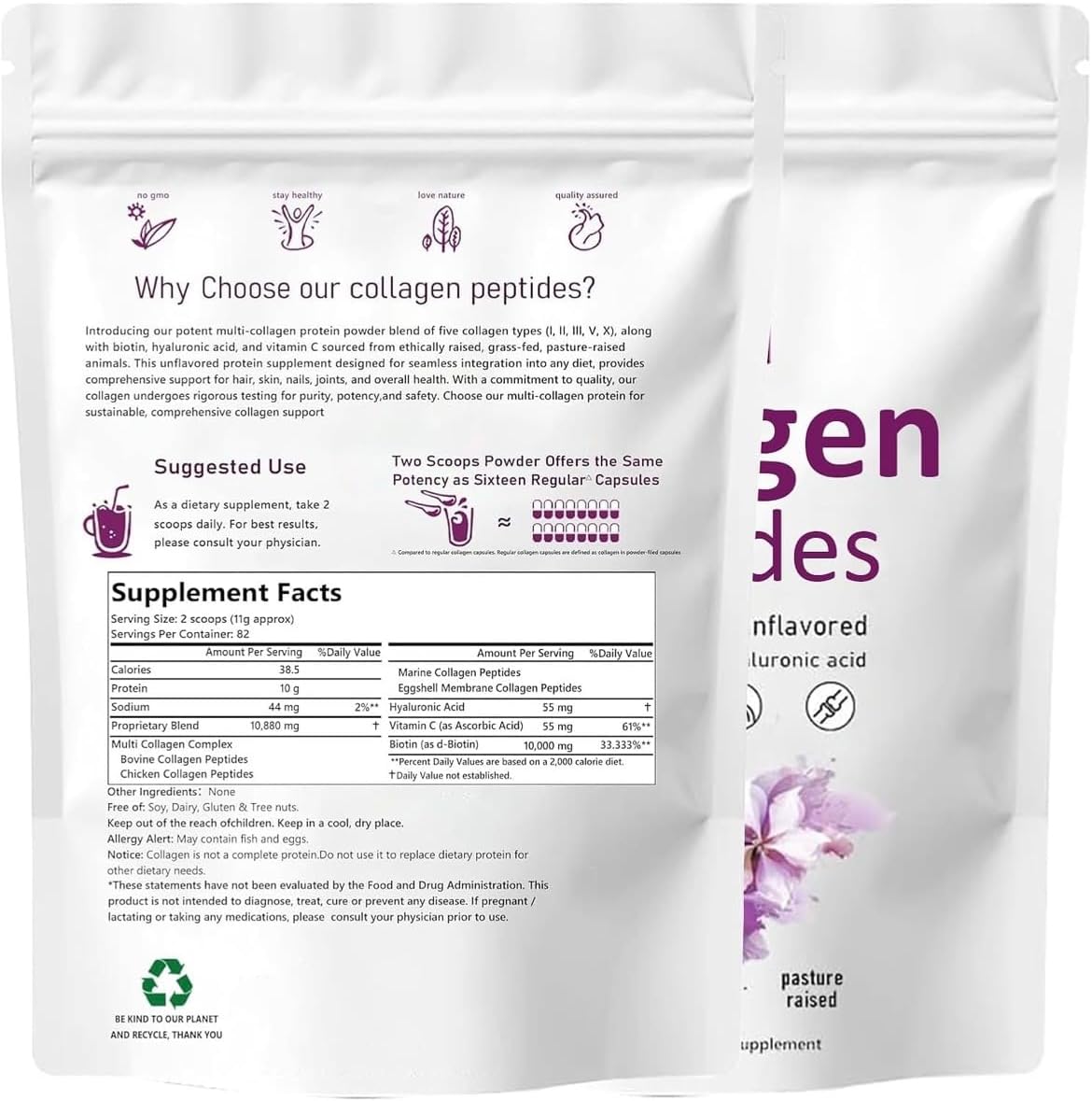 Unflavored Multi Collagen Peptides with Biotin, Vitamin C, Hyaluronic Acid - 1lb Grass-Fed, Pasture-Raised Formula