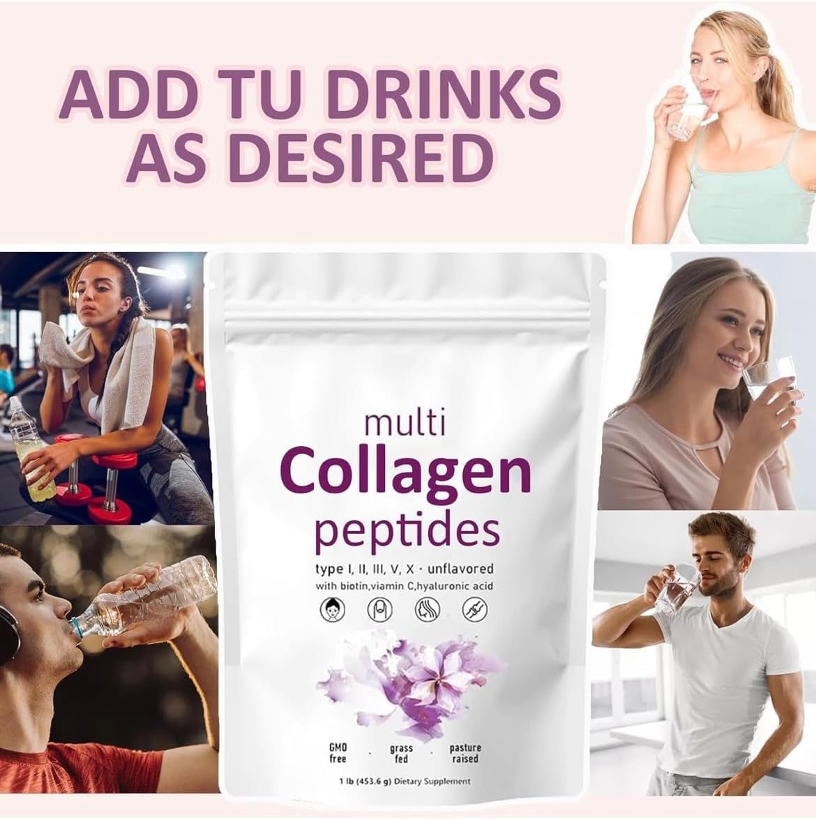 Unflavored Multi Collagen Peptides with Biotin, Vitamin C, Hyaluronic Acid - 1lb Grass-Fed, Pasture-Raised Formula