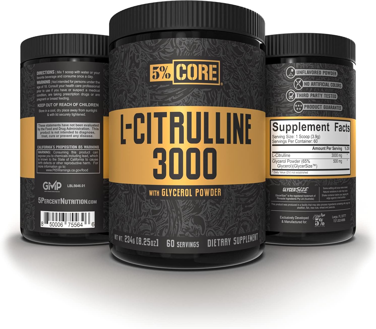 Unflavored Nitric Oxide Booster & Muscle Pump Supplement with Glycerol | 5% Nutrition Core L-Citrulline 3000 | Pre-Workout Additive (60 Servings)