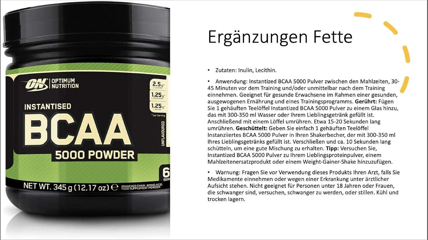 Unflavored Optimum Nutrition BCAA Powder - 5000mg, Keto-Friendly, 60 Servings