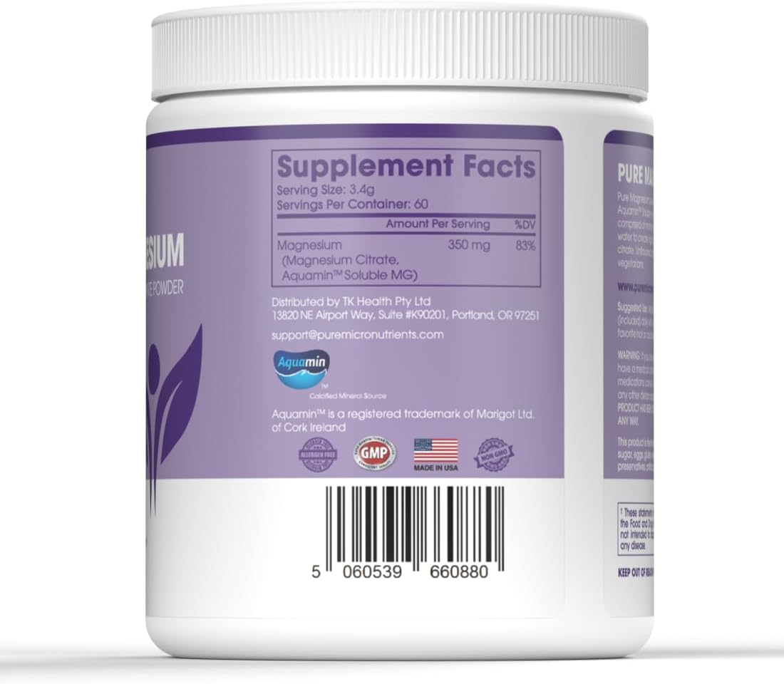 Unflavored Vegan Magnesium Citrate Powder for Sleep, Muscle, Bone Health & Energy - 60 Servings