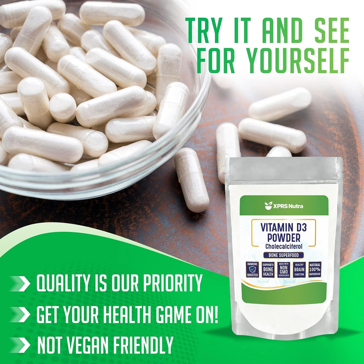 Unflavored Vitamin D3 Powder for Bones, Immunity & Muscle Function - 8 Ounce Supplement Powder by XPRS Nutra