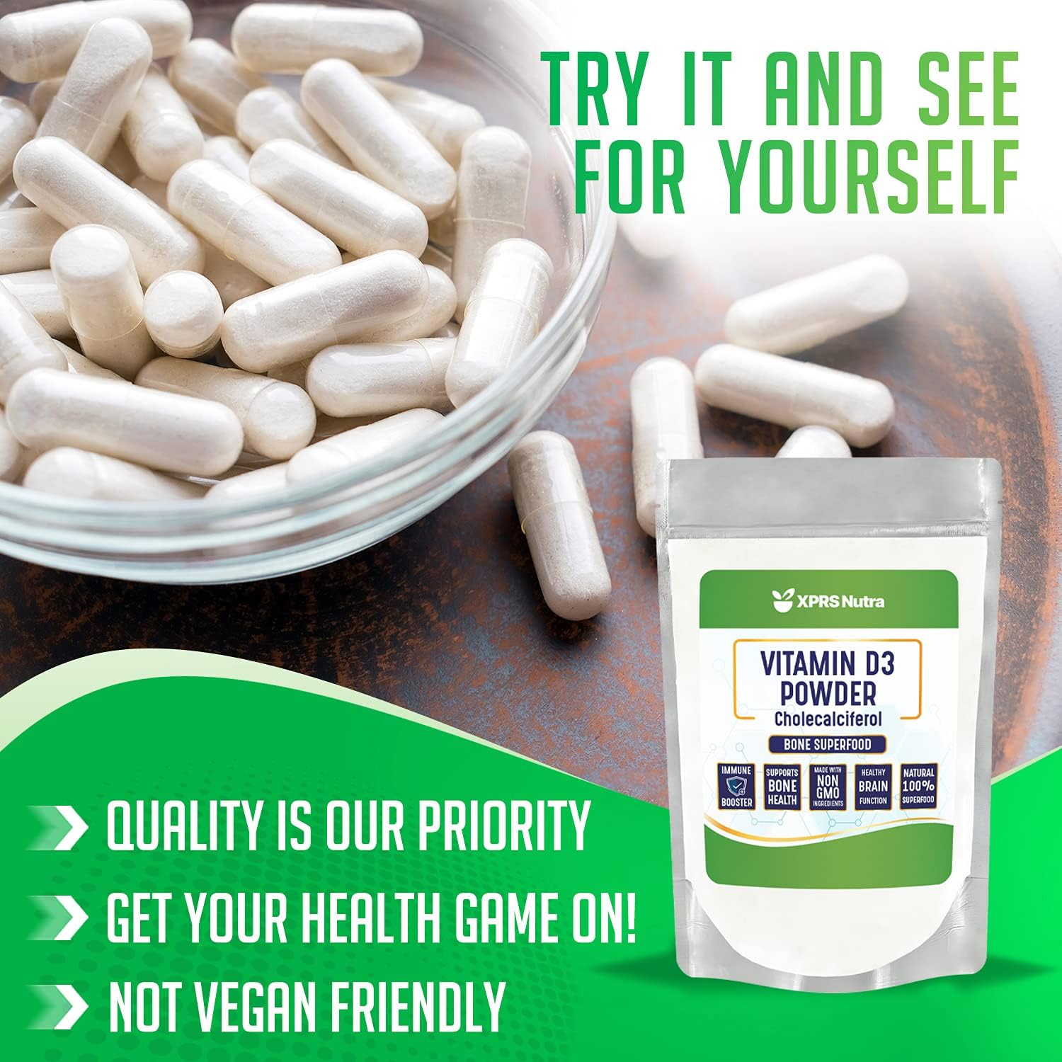 Unflavored Vitamin D3 Powder for Bones, Immunity & Muscle Function - 8 Ounce Supplement Powder by XPRS Nutra