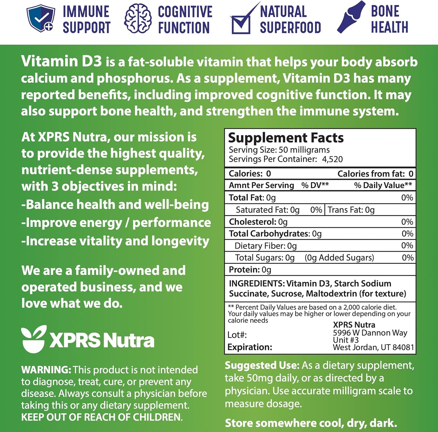 Unflavored Vitamin D3 Powder for Bones, Immunity & Muscle Function - 8 Ounce Supplement Powder by XPRS Nutra