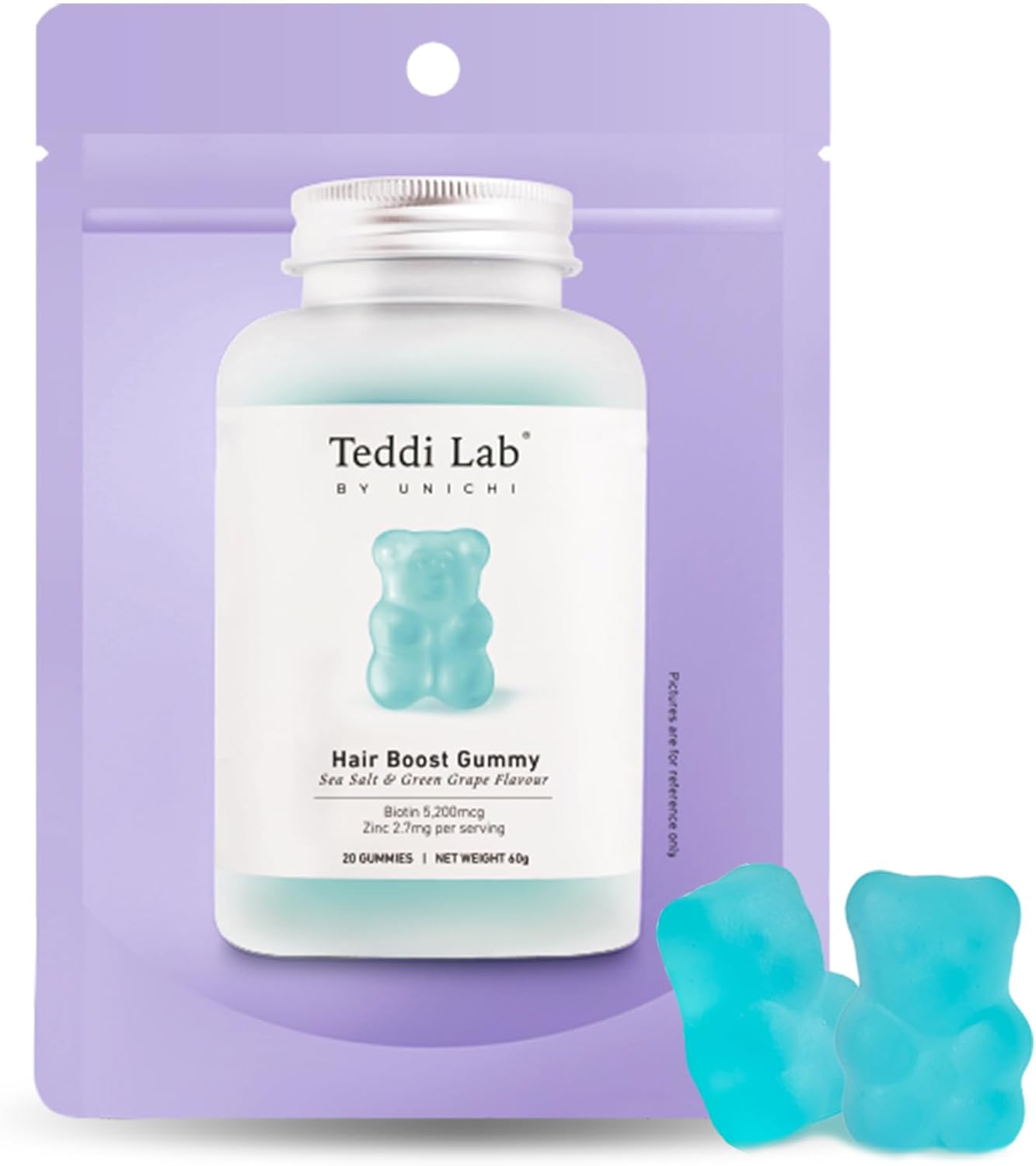 Unichi Hair Boost Gummy - 20 Count, 5200mcg Biotin with Zinc, Pantothenic Acid, Vitamin A C E - Stronger, Thicker Hair - Sea Salt & Green Grape Flavor - Great Taste