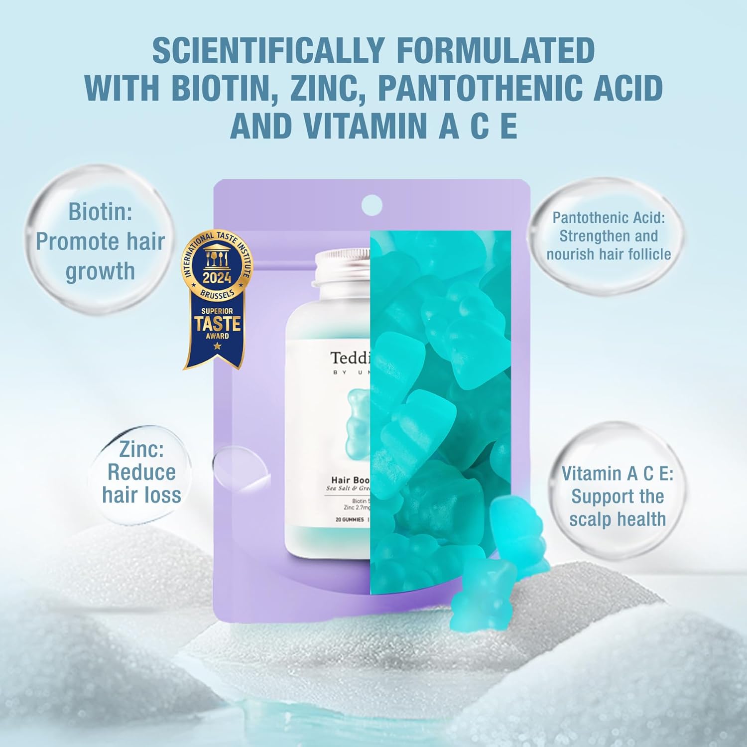 Unichi Hair Boost Gummy - 20 Count, 5200mcg Biotin with Zinc, Pantothenic Acid, Vitamin A C E - Stronger, Thicker Hair - Sea Salt & Green Grape Flavor - Great Taste