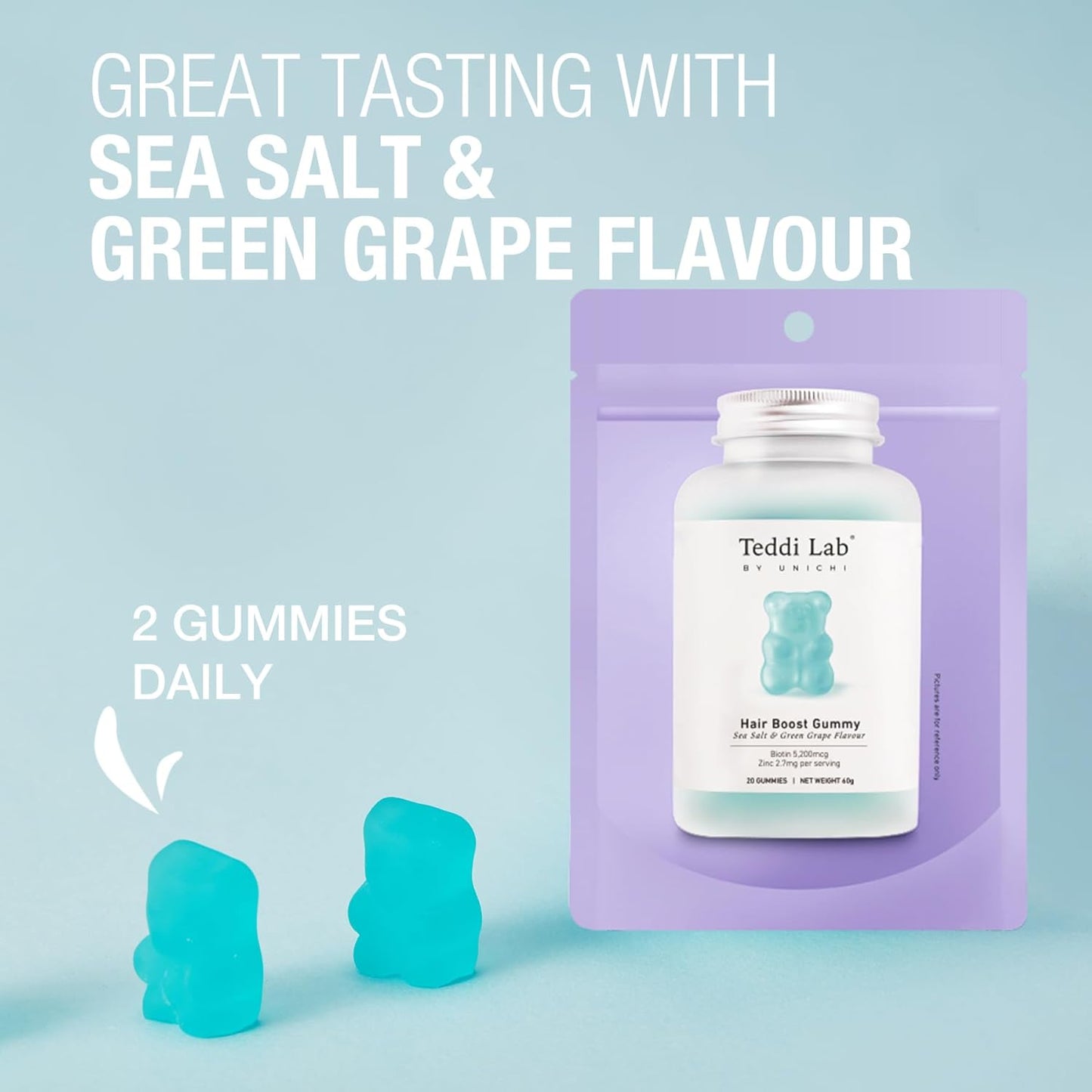 Unichi Hair Boost Gummy - 20 Count, 5200mcg Biotin with Zinc, Pantothenic Acid, Vitamin A C E - Stronger, Thicker Hair - Sea Salt & Green Grape Flavor - Great Taste