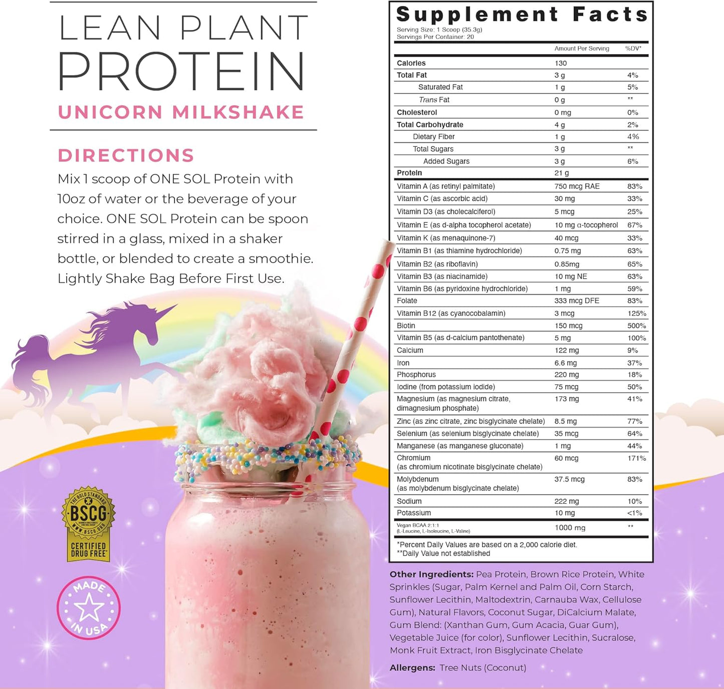 Unicorn Milkshake Plant-Based Protein Powder - Lean, Low Carb, Gluten Free, Lactose-Free, No Sugar Added, Soy Free, Non-GMO - Vegan Friendly Formula with No Bloating