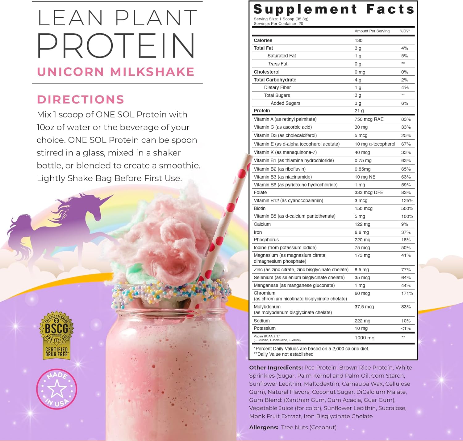 Unicorn Milkshake Plant-Based Protein Powder - Lean, Low Carb, Gluten Free, Lactose-Free, No Sugar Added, Soy Free, Non-GMO - Vegan Friendly Formula with No Bloating