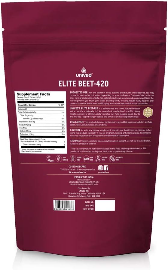 Unived Elite Beet-420: 420mg Nitrate Beetroot Extract for Endurance | Vegan Pre-Workout Superfood with 6.5% Dietary Nitrate | Caffeine-Free for Athletes | 20 Servings