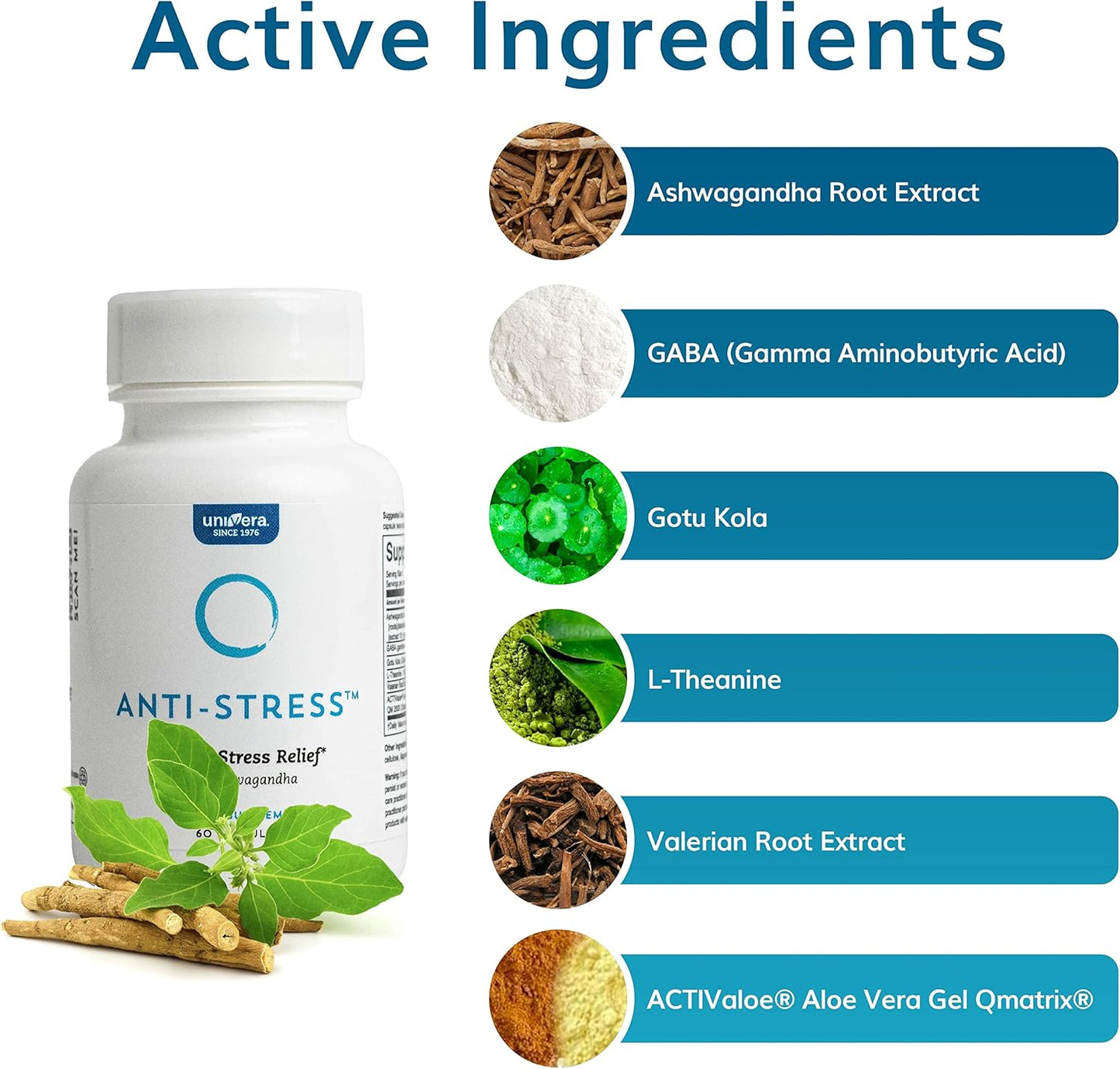 Univera Anti-Stress Supplement with Ashwagandha, GABA, L-Theanine, Gotu Kola - 60 Capsules