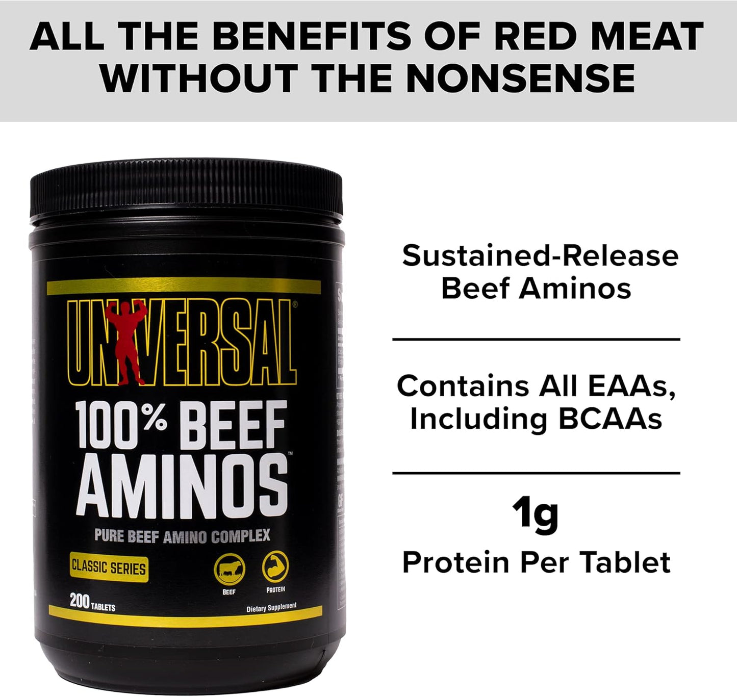Universal Nutrition 100% Beef Aminos: 3g Beef Protein Isolate Tablets for Recovery and Growth