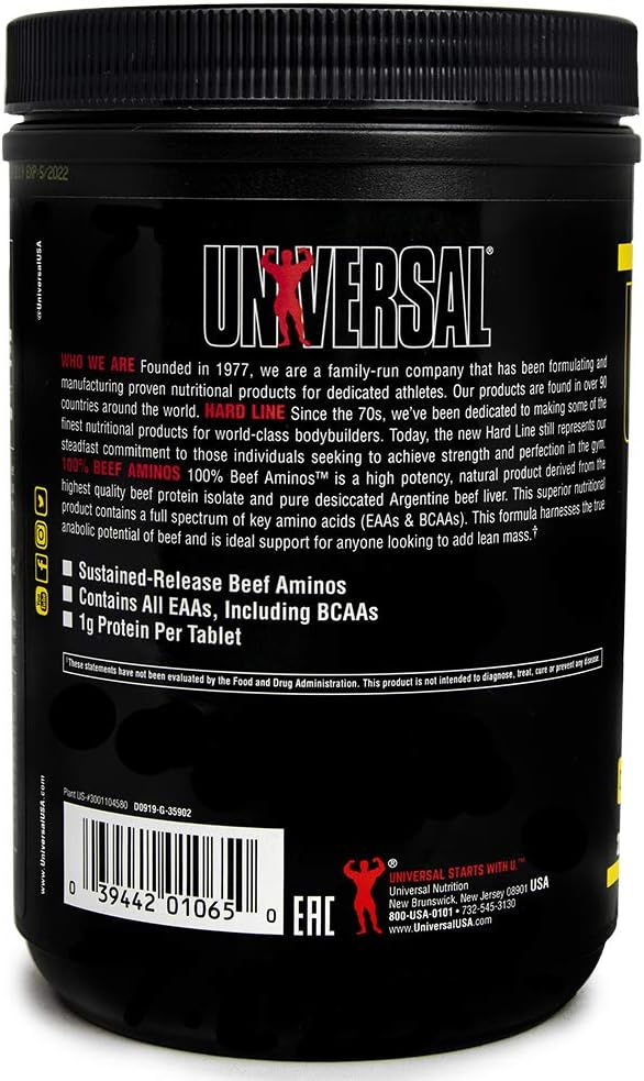 Universal Nutrition 100% Beef Aminos: 3g Beef Protein Isolate Tablets for Recovery and Growth