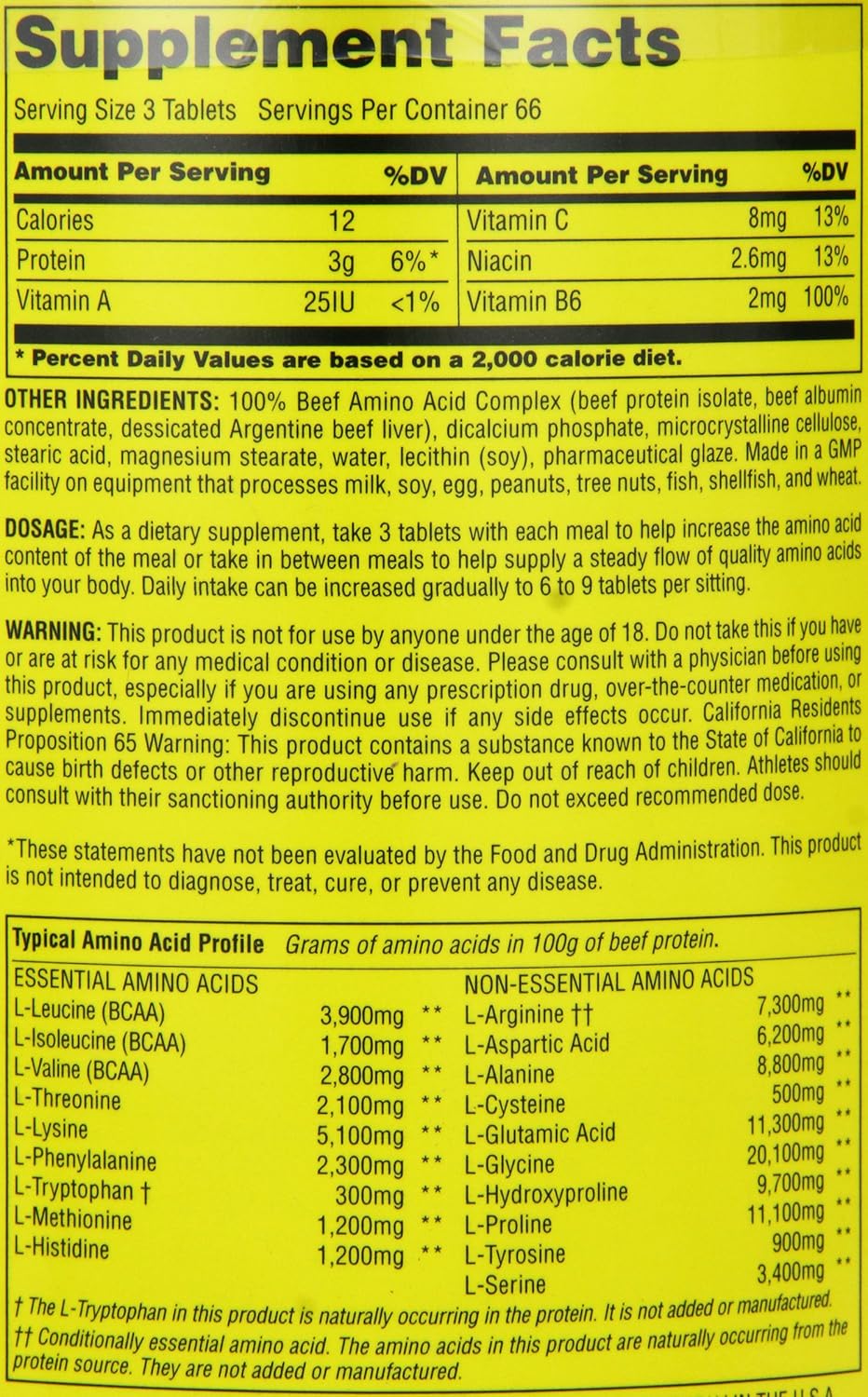 Universal Nutrition 100% Beef Aminos: 3g Beef Protein Isolate Tablets for Recovery and Growth