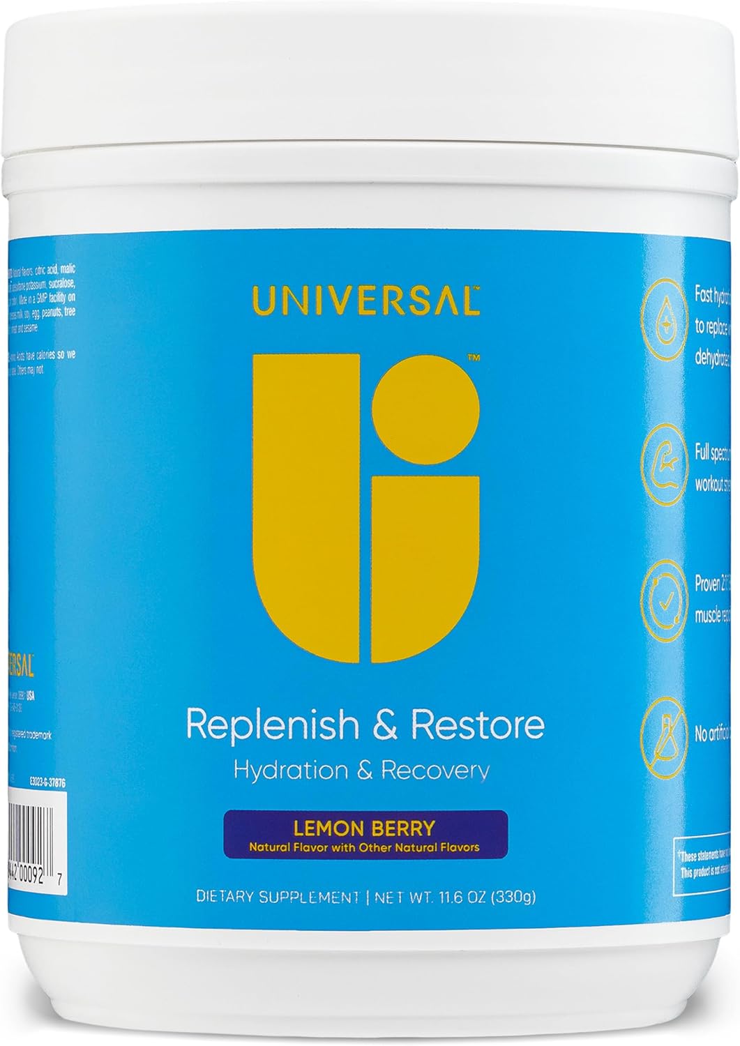 Universal U Replenish & Restore Powder - Hydration & Recovery Support - Muscle Repair & Growth - Custom Dosing - L-Lysine, L-Glutamine, L-Tryptophan - No Artificial Flavors - 30 Servings (Lemon Berry)