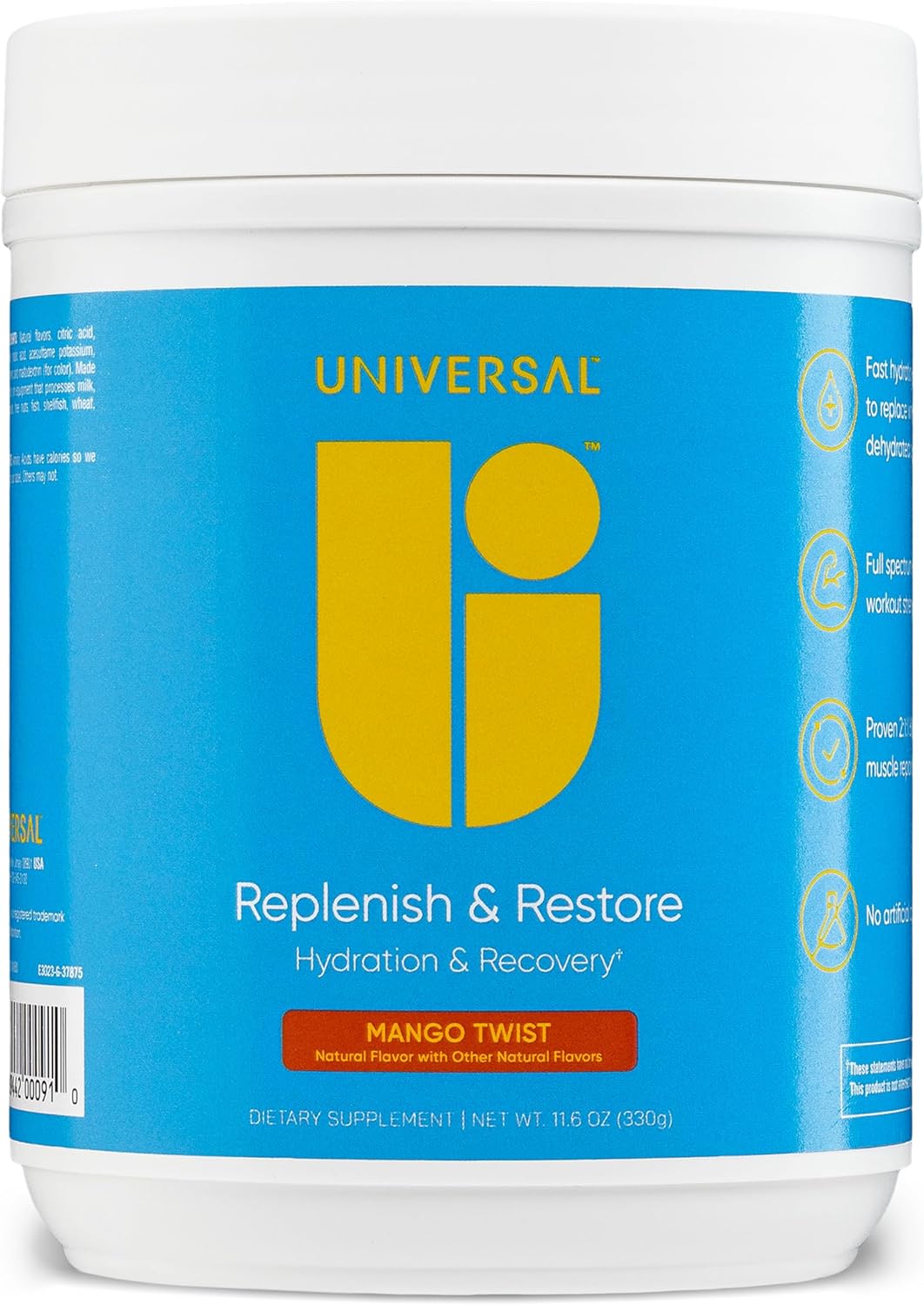 Universal U Replenish & Restore Powder - Hydration, Recovery, Muscle Repair, Growth - Custom Dosing, L-Lysine, L-Glutamine, L-Tryptophan - No Artificial Flavors - 30 Servings (Mango Twist)