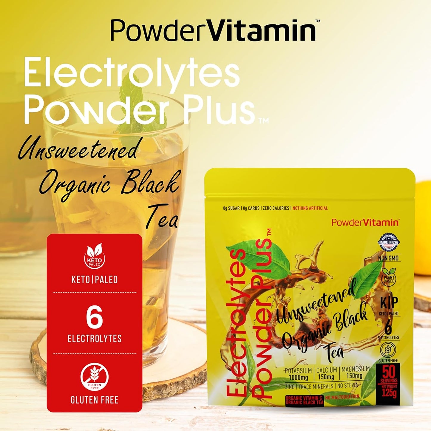 Unsweetened Black Tea Electrolyte Powder with 1000mg Potassium - Keto-Friendly & Sugar-Free - 50 Servings - Hydration Powder with Pink Himalayan Salt & Magnesium
