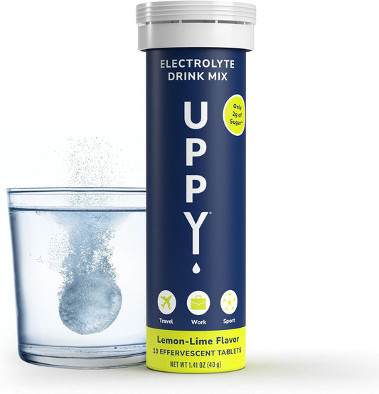 Uppy! Electrolyte Hydration Tablets for Travel, Jet Lag, Sports Recovery - Natural Lemon-Lime Flavour, GMO & Gluten Free - 10 Pack