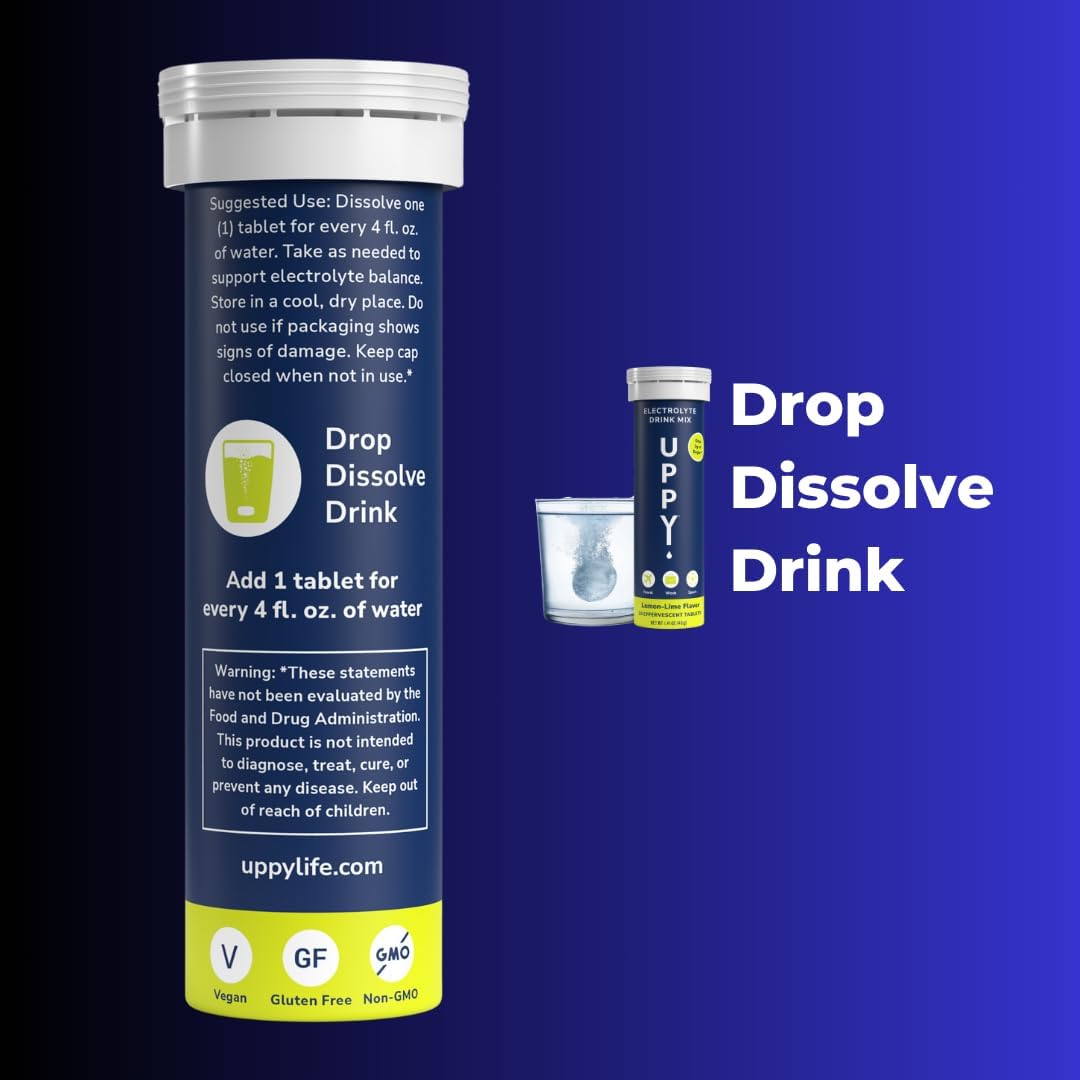 Uppy! Electrolyte Hydration Tablets for Travel, Jet Lag, Sports Recovery - Natural Lemon-Lime Flavour, GMO & Gluten Free - 10 Pack