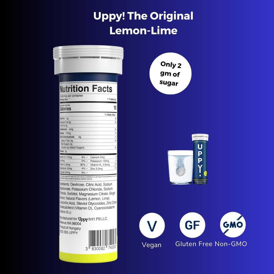 Uppy! Electrolyte Hydration Tablets for Travel, Jet Lag, Sports Recovery - Natural Lemon-Lime Flavour, GMO & Gluten Free - 10 Pack