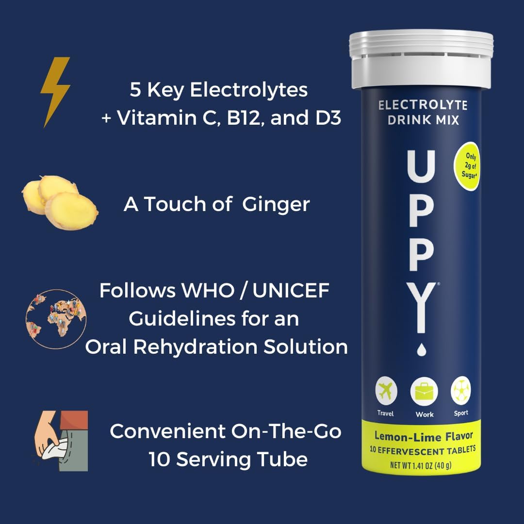 Uppy! Electrolyte Hydration Tablets for Travel, Jet Lag, Sports Recovery - Natural Lemon-Lime Flavour, GMO & Gluten Free - 10 Pack