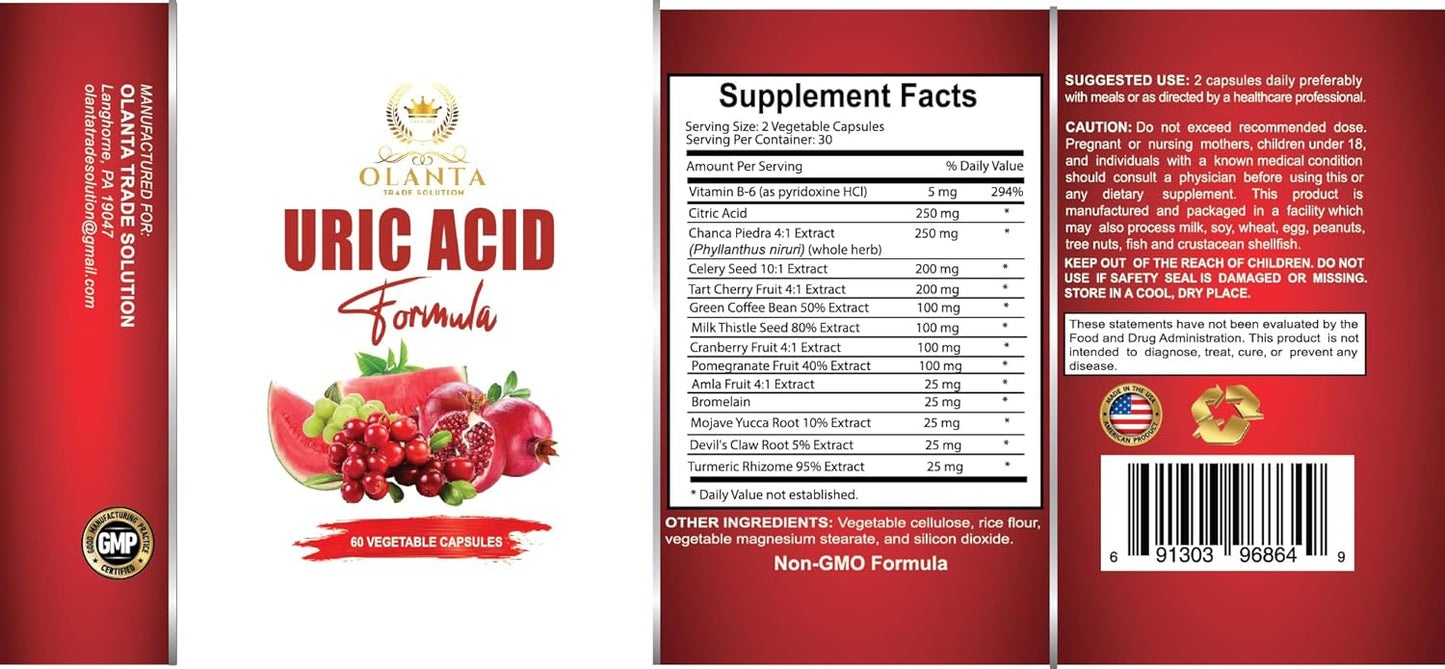 Uric Acid Cleanse Formula Capsules - Water Retention Relief with Celery Seed Extract, Milk Thistle, Turmeric - 60 Capsules