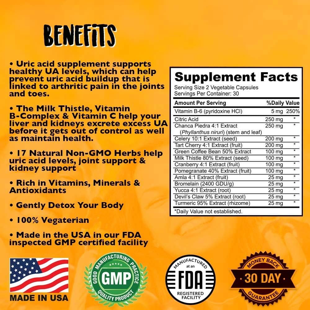Uric Acid Support Capsules for Gout Relief & Kidney Health - 60 Count - Made in USA