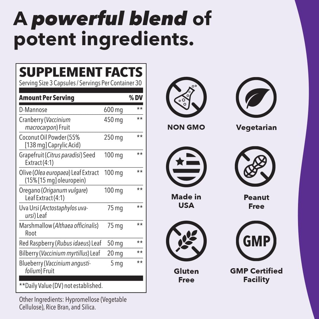 Urinari-X Fast Acting UTI Relief - Bladder & Immune Support - 90 Capsules with D-Mannose, Cranberry, Caprylic Acid, Uva Ursi & Grapefruit