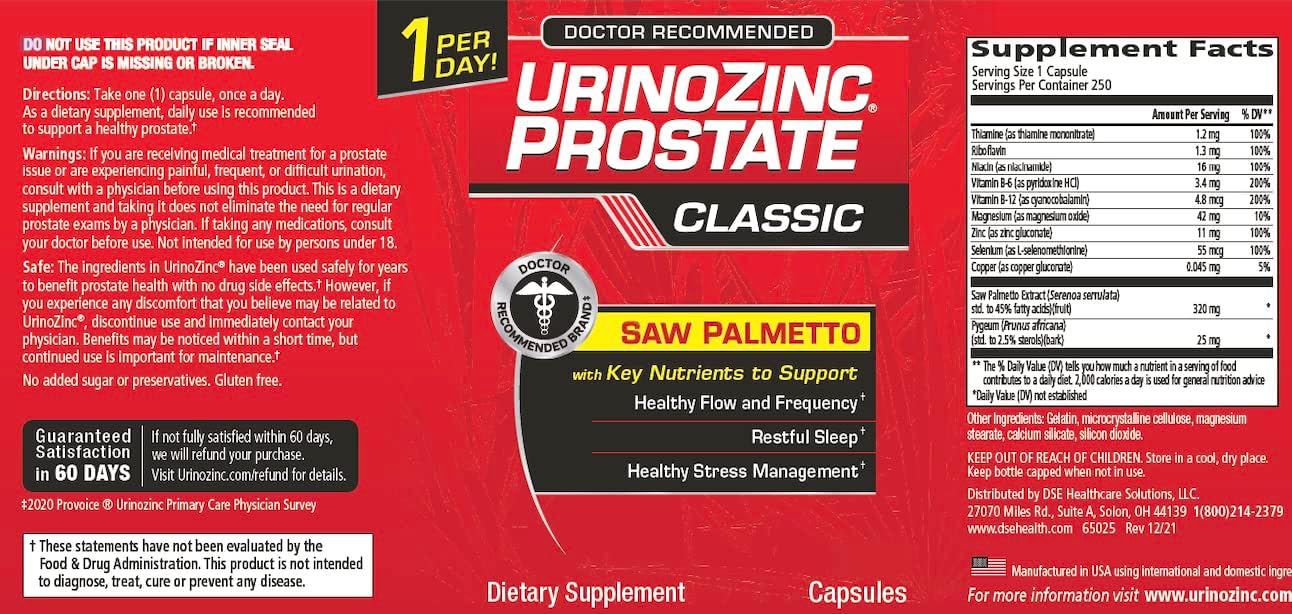 Urinozinc Classic Prostate Supplement for Men - 250 Capsules, Saw Palmetto & B Vitamins, 8-Month Supply