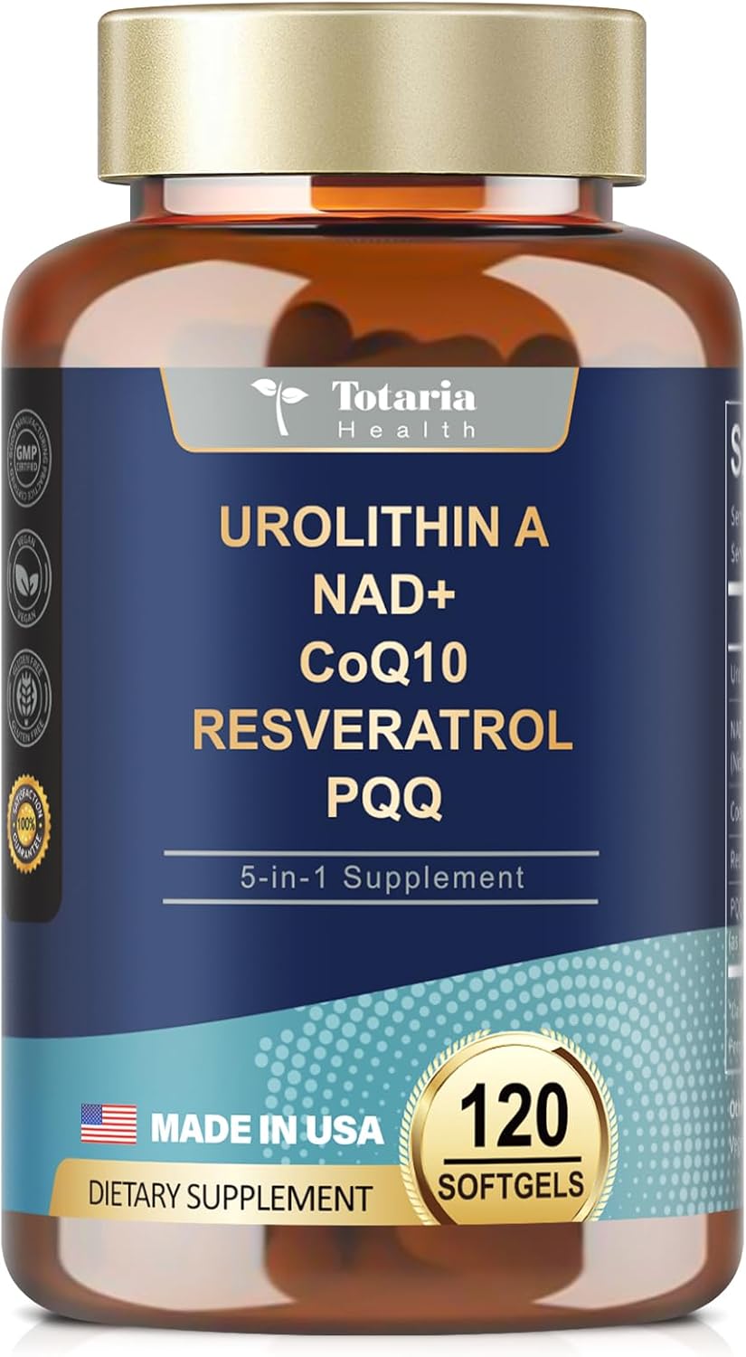 Urolithin A Supplement 1000mg Softgels with NAD+, CoQ10, Resveratrol, PQQ - Easy-to-Swallow Capsules for Men and Women