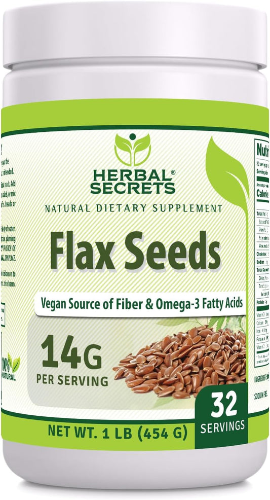 US-Made Herbal Secrets Organic Whole Flax Seeds Supplement | 454g - 14g Per Serving | Raw Vegan, Non-GMO, Gluten-Free
