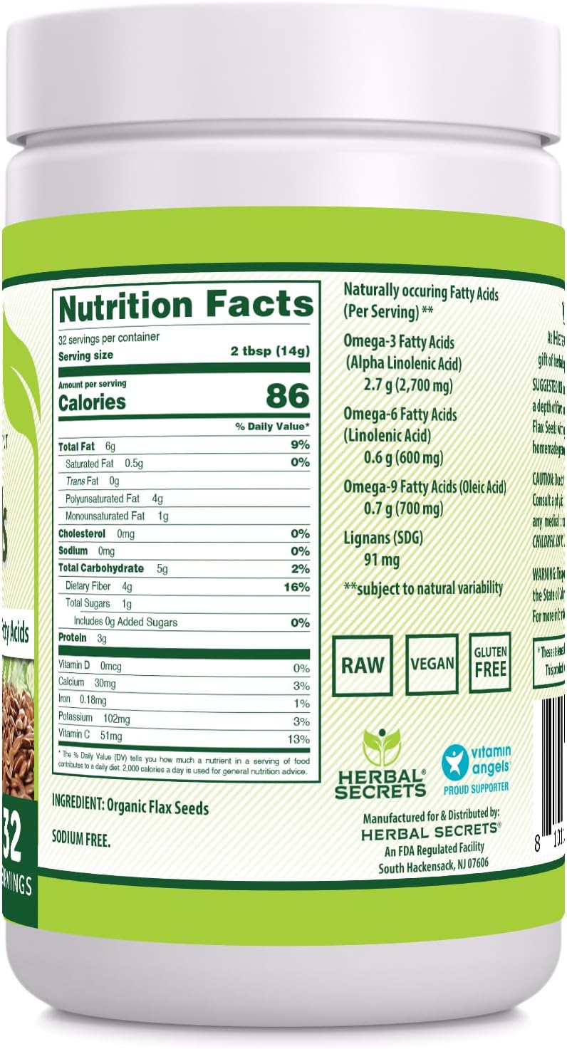 US-Made Herbal Secrets Organic Whole Flax Seeds Supplement | 454g - 14g Per Serving | Raw Vegan, Non-GMO, Gluten-Free