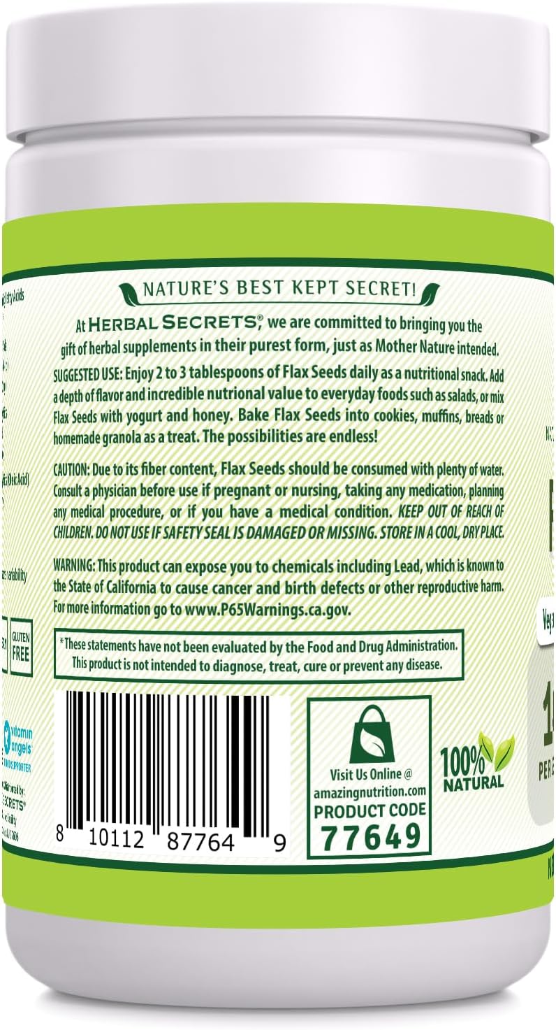 US-Made Herbal Secrets Organic Whole Flax Seeds Supplement | 454g - 14g Per Serving | Raw Vegan, Non-GMO, Gluten-Free