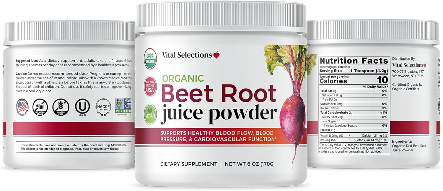 USA Grown Organic Beet Root Juice Powder for Cardio Support and Athletic Performance - High Purity and Potency, Superior Drying Technology