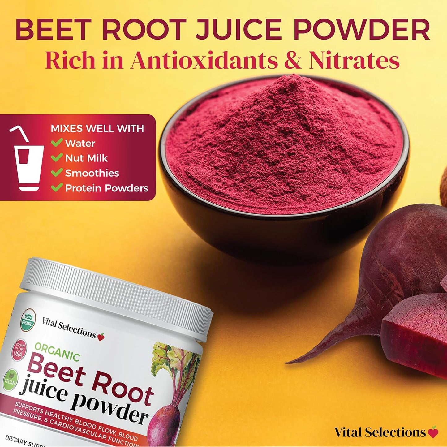 USA Grown Organic Beet Root Juice Powder for Cardio Support and Athletic Performance - High Purity and Potency, Superior Drying Technology