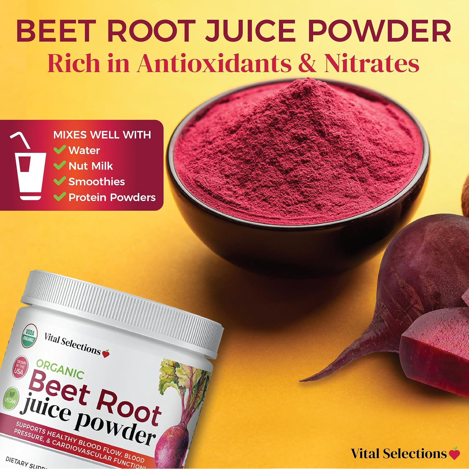 USA Grown Organic Beet Root Juice Powder for Cardio Support and Athletic Performance - High Purity and Potency, Superior Drying Technology