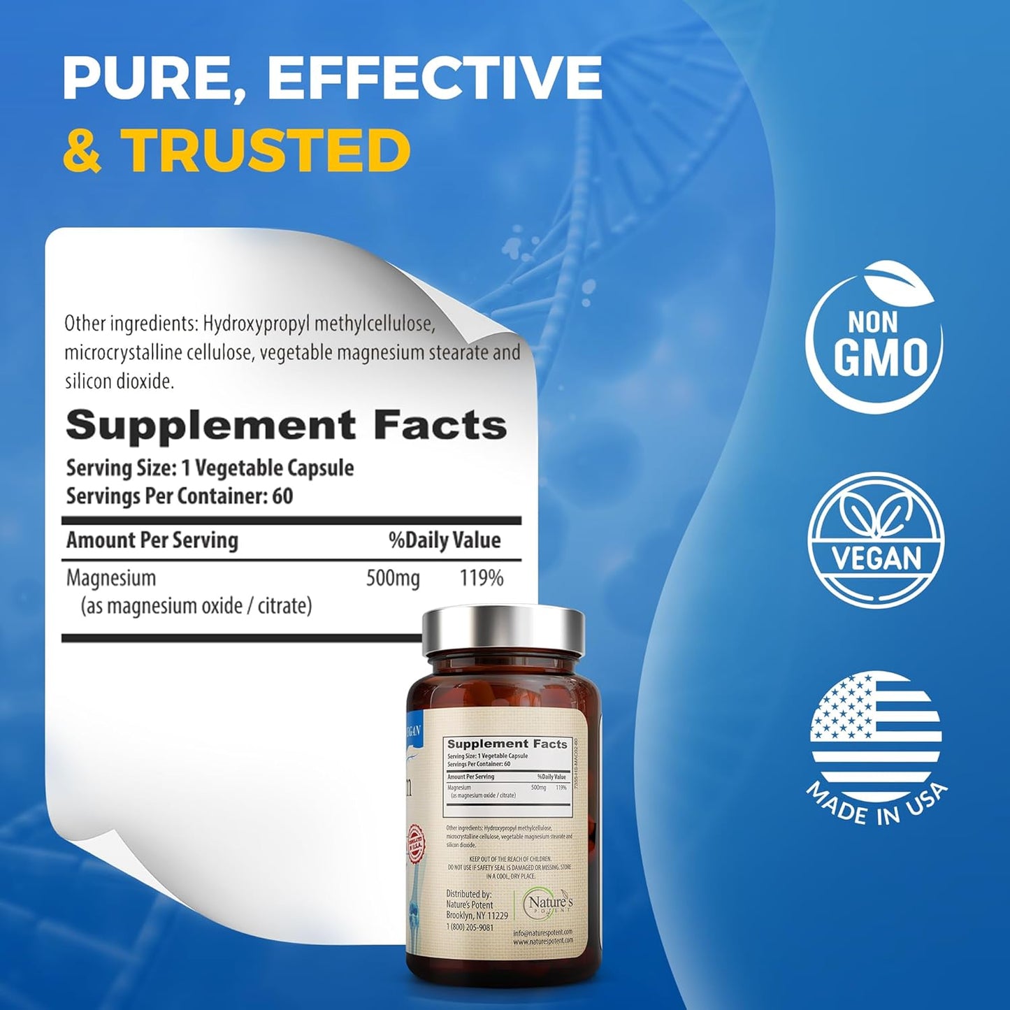 USA Made 500mg Magnesium Citrate & Oxide Capsules for Sleep Support | Vegan Magnesium Supplement for Women & Men by Nature's Potent