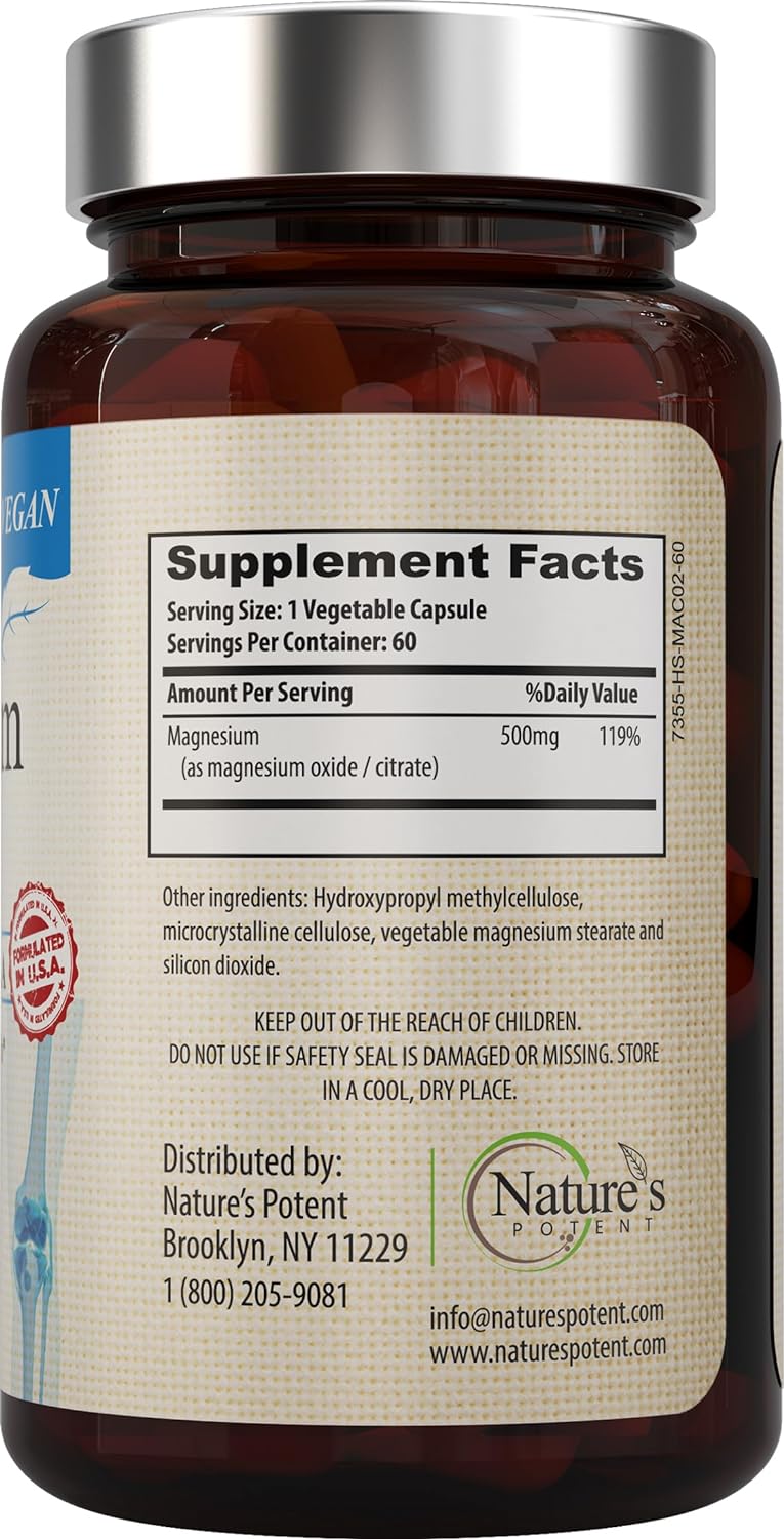 USA Made 500mg Magnesium Citrate & Oxide Capsules for Sleep Support | Vegan Magnesium Supplement for Women & Men by Nature's Potent