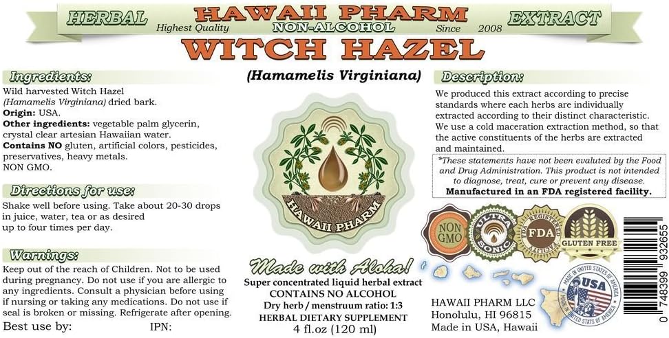 USA-Made Alcohol-Free Witch Hazel Liquid Extract, Organic Witch Hazel Dried Leaf Glycerite Supplement - 2 fl.oz