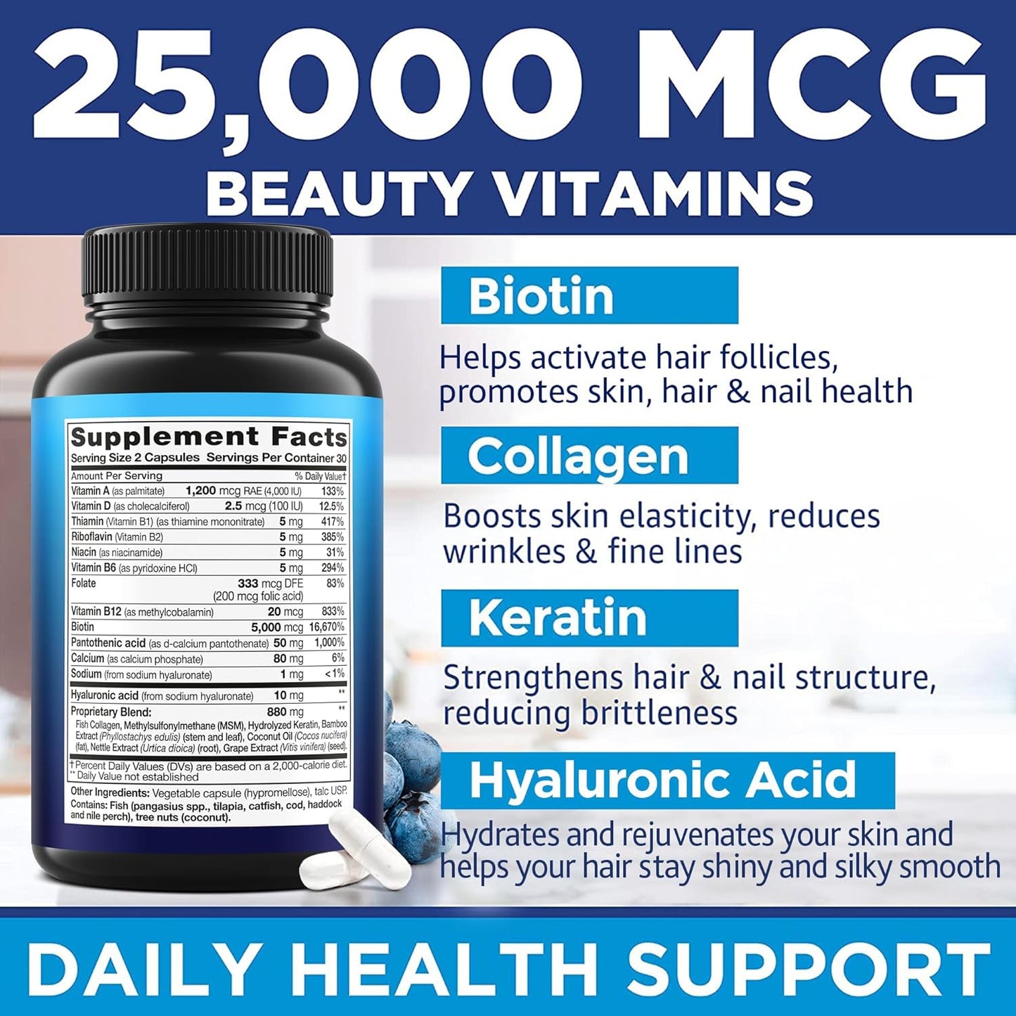 USA-Made Biotin Keratin & Collagen Capsules for Hair Growth - Natural Vitamins with Multi Peptides for Hair Loss, Skin & Nails