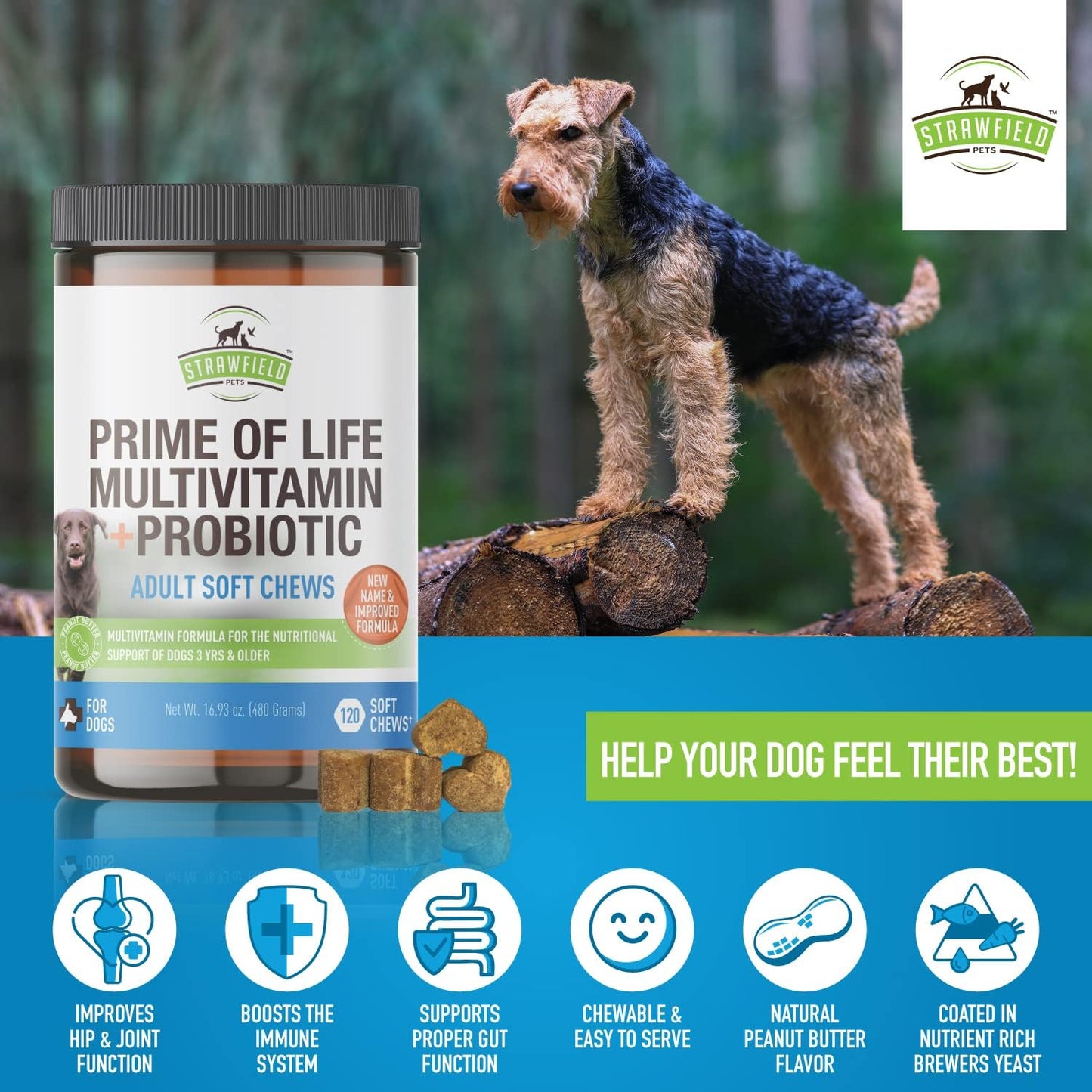 USA Made Dog Multivitamin Soft Chews with Glucosamine, Probiotics & Omega 3 | 120 Grain Free Treats for Dog Health & Wellness