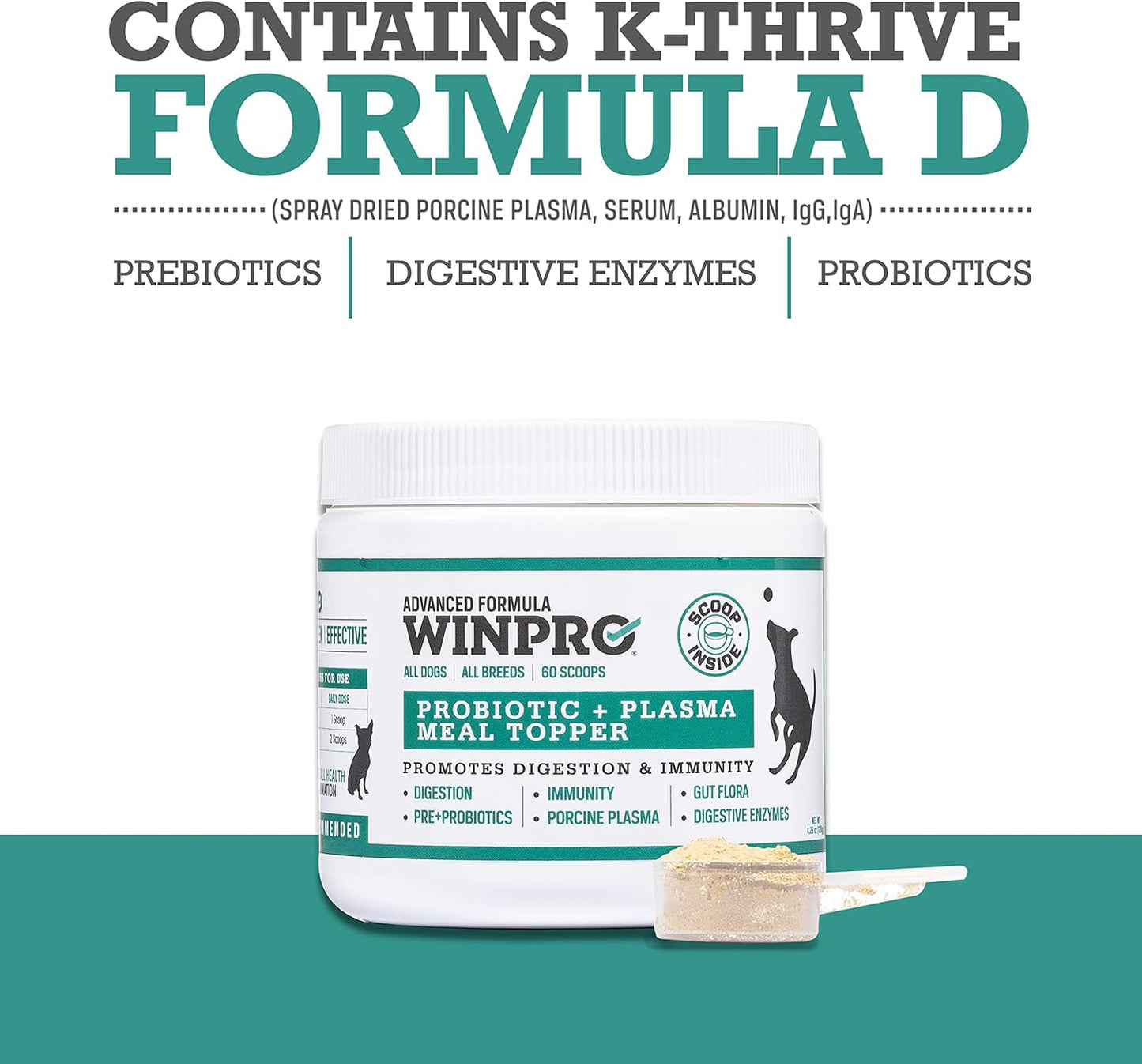 USA-Made Dog Probiotic Powder Meal Topper for Digestive Health, 60 Scoops, All Breeds & Sizes, Prebiotics & Probiotics