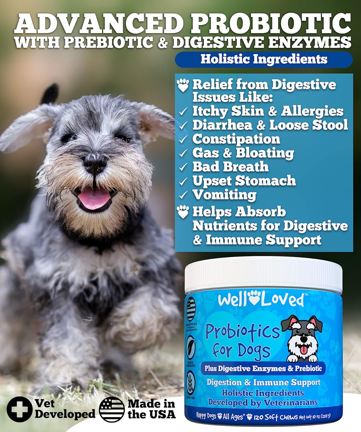 USA-Made Dog Probiotics for Gut Health, Yeast Balance, Itchy Skin, and Digestive Support - Vet Developed Chews with Prebiotic & Enzymes for Relief