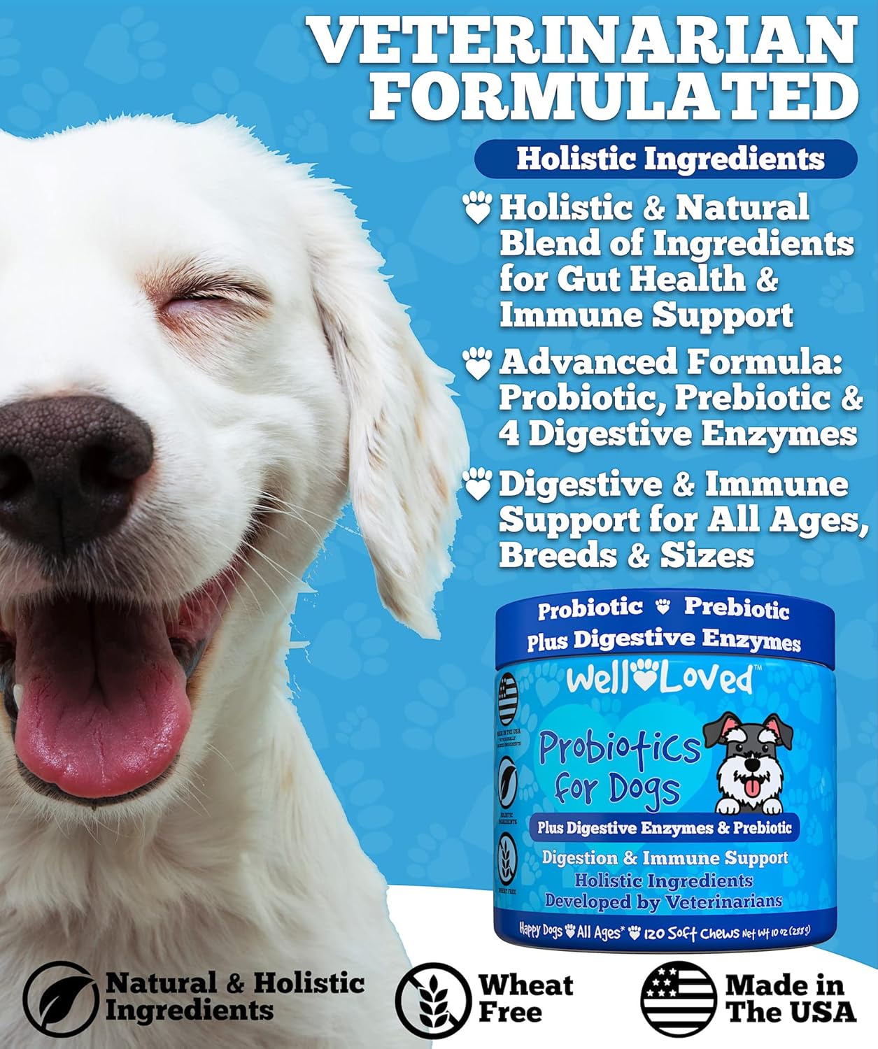USA-Made Dog Probiotics for Gut Health, Yeast Balance, Itchy Skin, and Digestive Support - Vet Developed Chews with Prebiotic & Enzymes for Relief