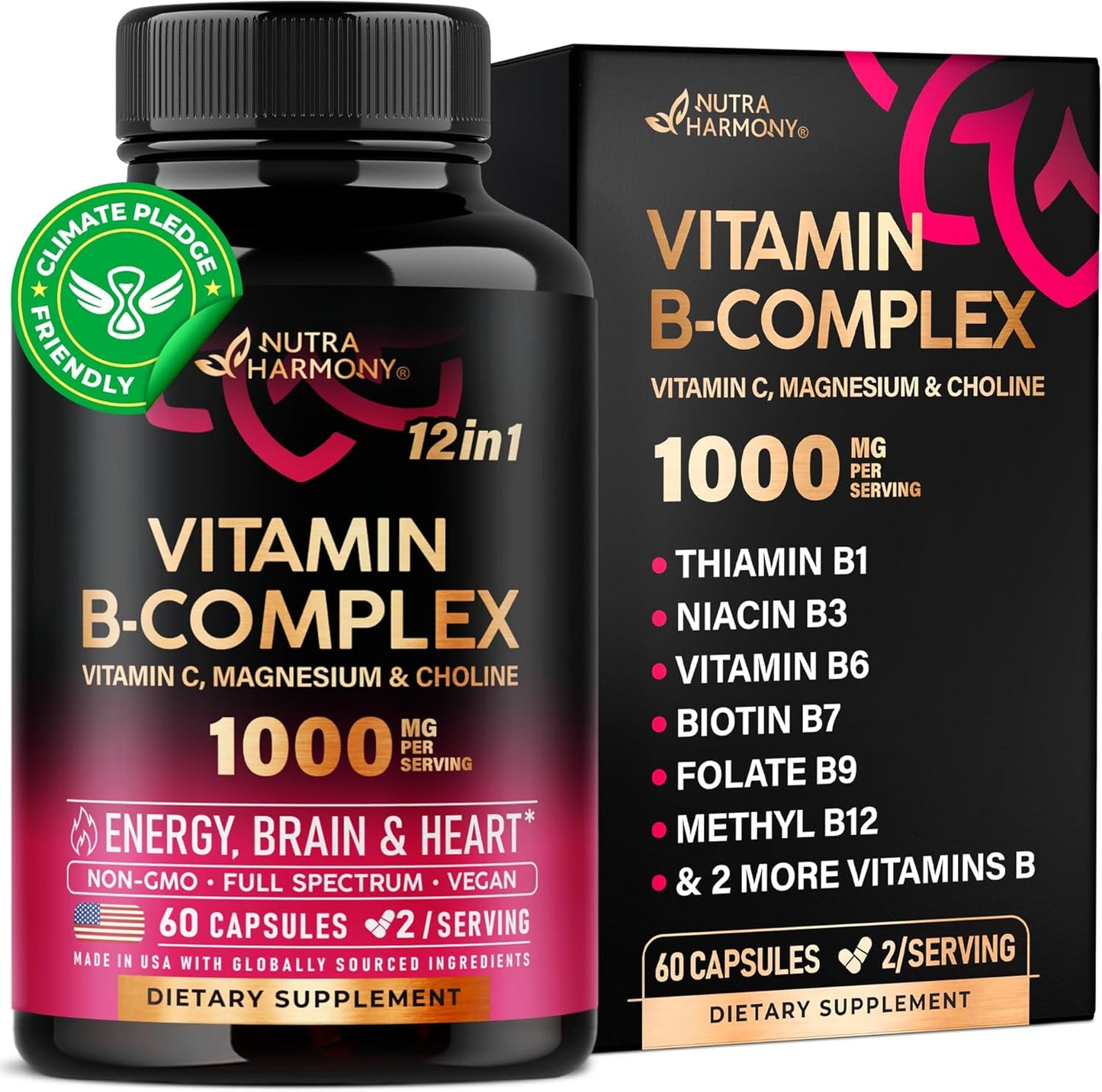 USA-Made Energy & Brain Support Vitamin B Complex for Men & Women - 60 Vegan Capsules with B1, B2, B3, B5, B6, B7, B8, B9, B12, Vitamin C, Choline & Inositol - Heart Health Supplement