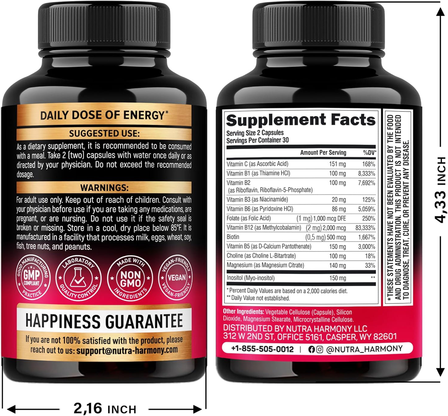 USA-Made Energy & Brain Support Vitamin B Complex for Men & Women - 60 Vegan Capsules with B1, B2, B3, B5, B6, B7, B8, B9, B12, Vitamin C, Choline & Inositol - Heart Health Supplement