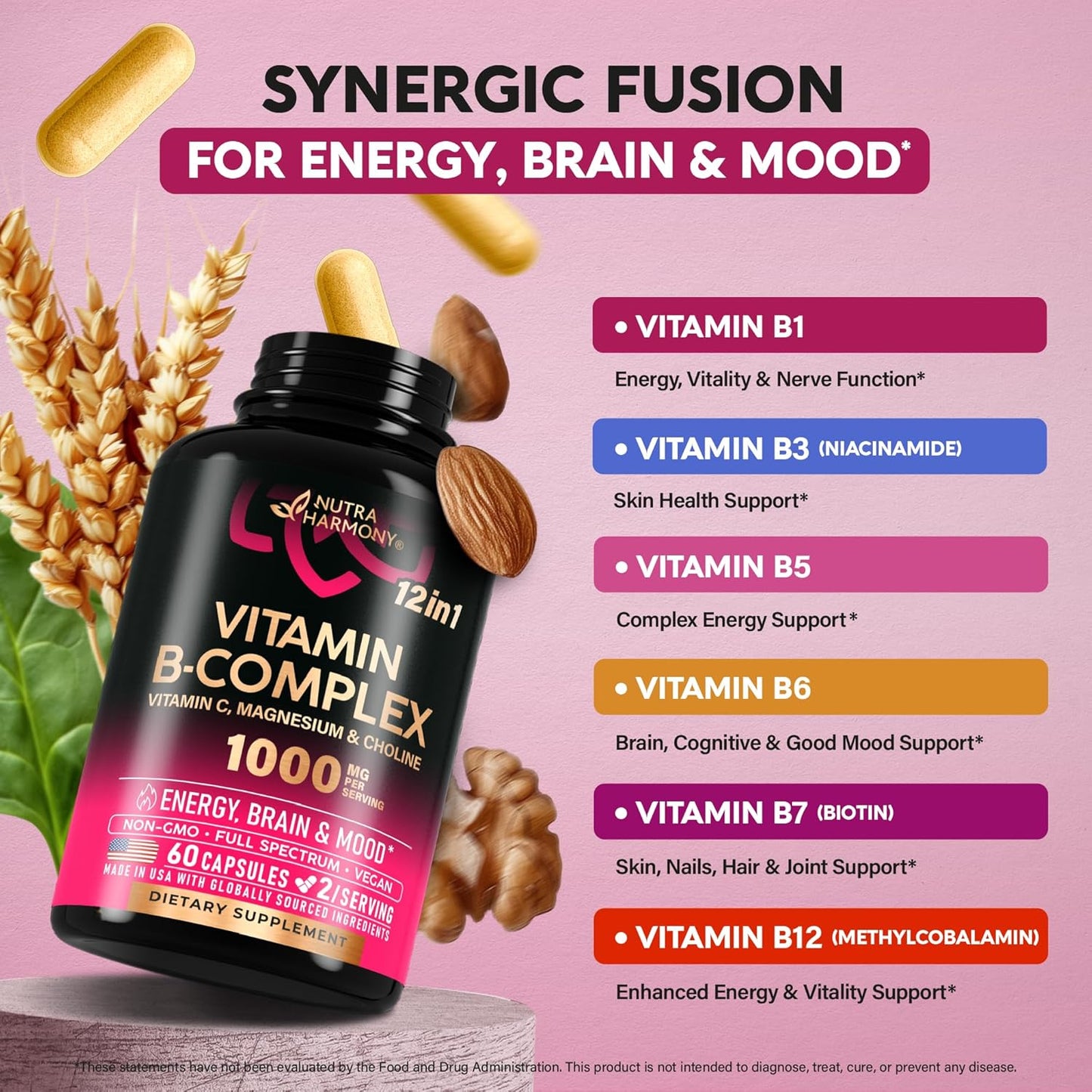 USA-Made Energy & Brain Support Vitamin B Complex for Men & Women - 60 Vegan Capsules with B1, B2, B3, B5, B6, B7, B8, B9, B12, Vitamin C, Choline & Inositol - Heart Health Supplement
