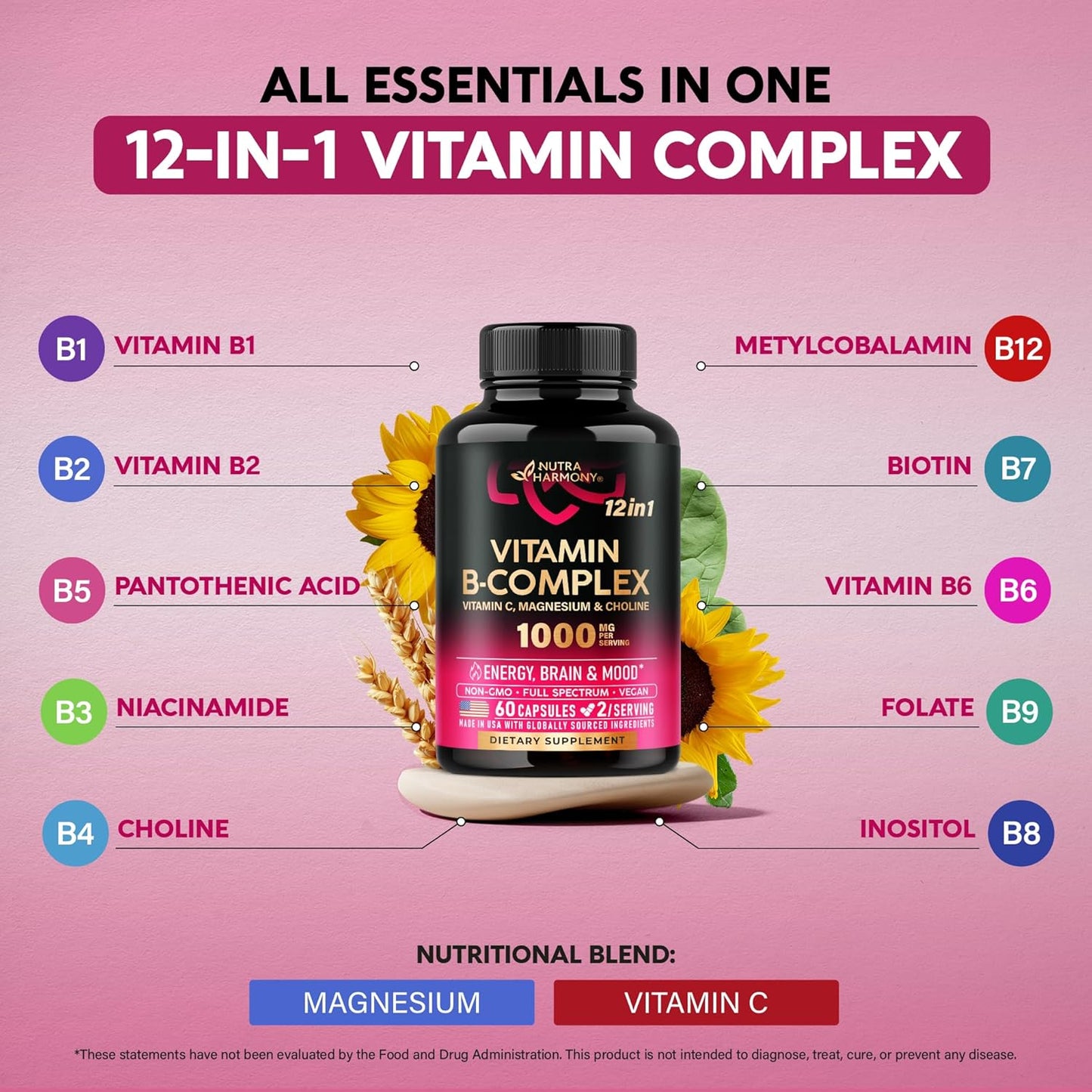 USA-Made Energy & Brain Support Vitamin B Complex for Men & Women - 60 Vegan Capsules with B1, B2, B3, B5, B6, B7, B8, B9, B12, Vitamin C, Choline & Inositol - Heart Health Supplement
