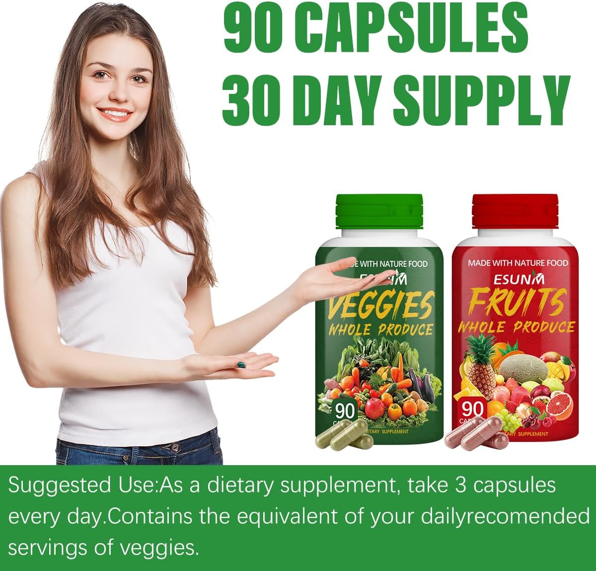 USA-Made ESUNM Fruits and Veggies Supplement - 90 Capsules Each for Energy, Lycopene, Vitamins & Minerals - Pack of 2 - 90 Count